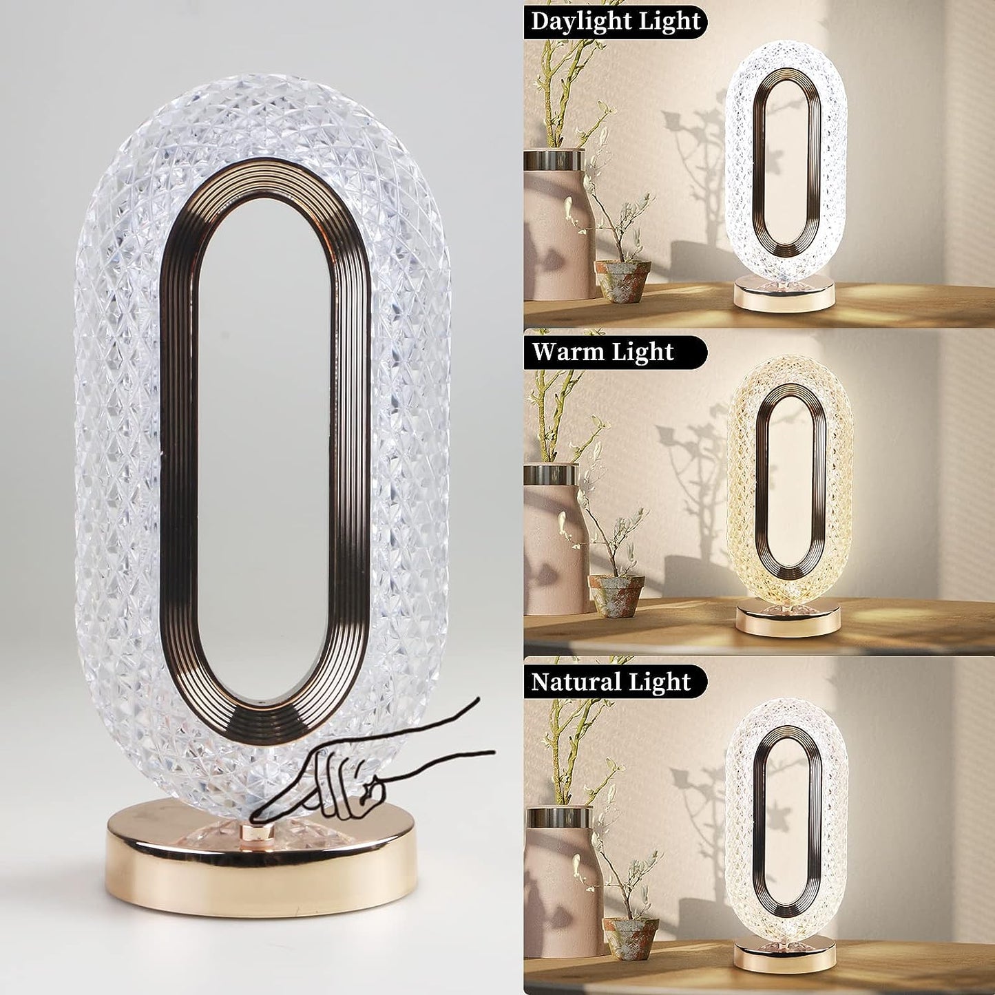 Touch Control Crystal Diamond Table Lamp – 3-Way Dimmable USB Rechargeable Night Light for Bedroom & Home Decor (1 Pc)
