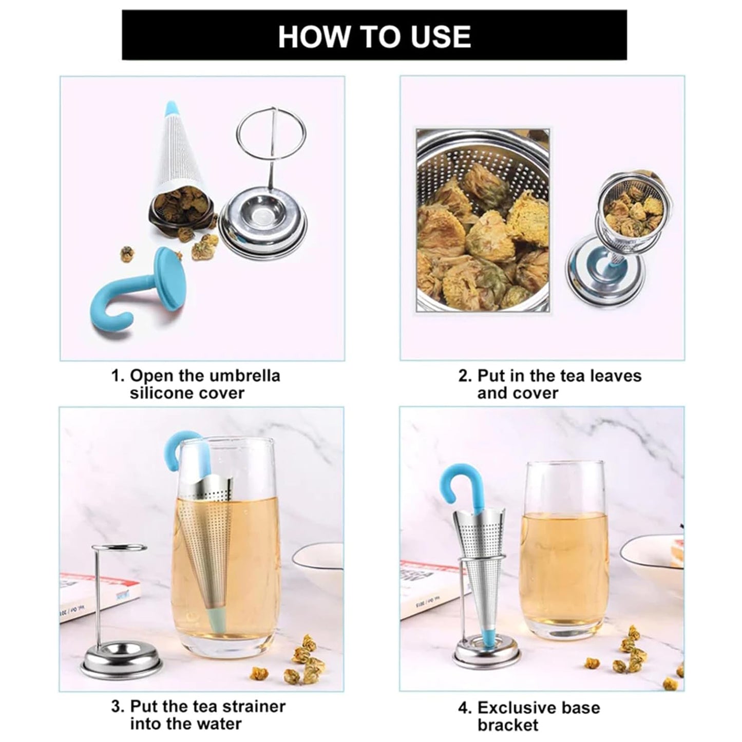 Reusable Umbrella Tea Strainer with Tray – Cute Silicone Loose Leaf Infuser with Drip Stand for Cups & Mugs (1 Pc, Mix Color)