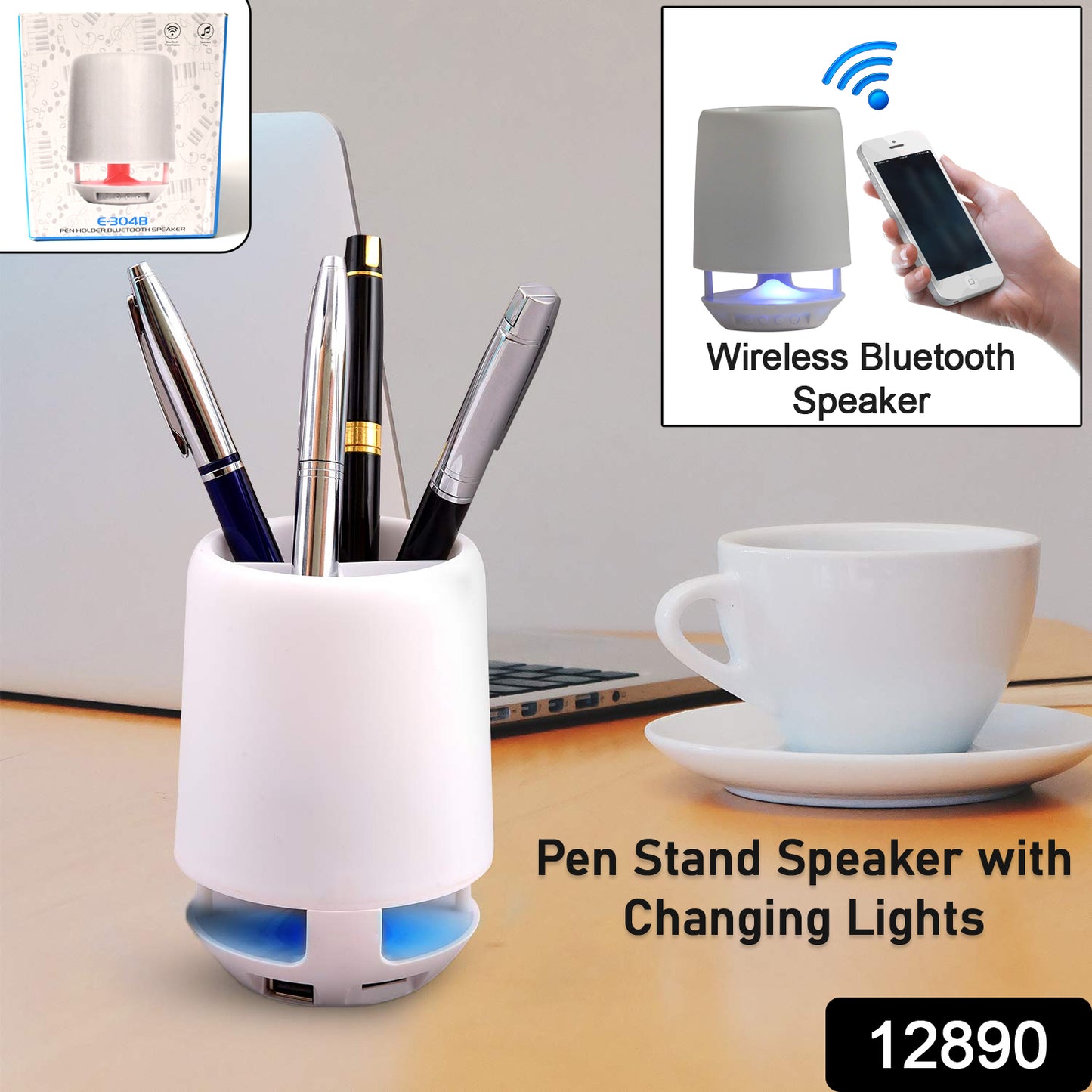 Multifunctional Pen Holder with Bluetooth Speaker & LED Night Lamp – 4-Compartment, Smart Desk Organizer