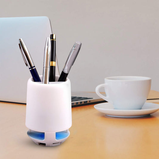 Multifunctional Pen Holder with Bluetooth Speaker & LED Night Lamp – 4-Compartment, Smart Desk Organizer