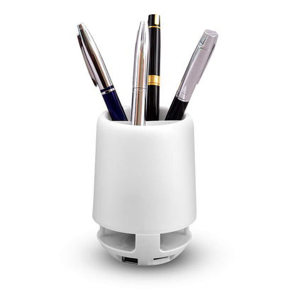 Multifunctional Pen Holder with Bluetooth Speaker & LED Night Lamp – 4-Compartment, Smart Desk Organizer
