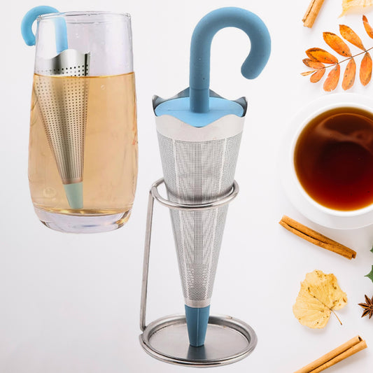 Reusable Umbrella Tea Strainer with Tray – Cute Silicone Loose Leaf Infuser with Drip Stand for Cups & Mugs (1 Pc, Mix Color)